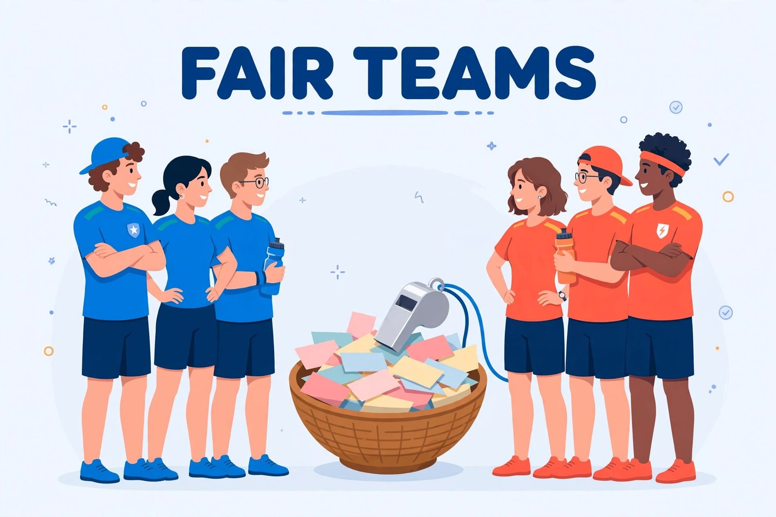 Ilustración de tarjetas con nombres barajados que se reparten en dos grupos de equipo equilibrados, uno azul y otro verde, para un reparto justo de equipos.