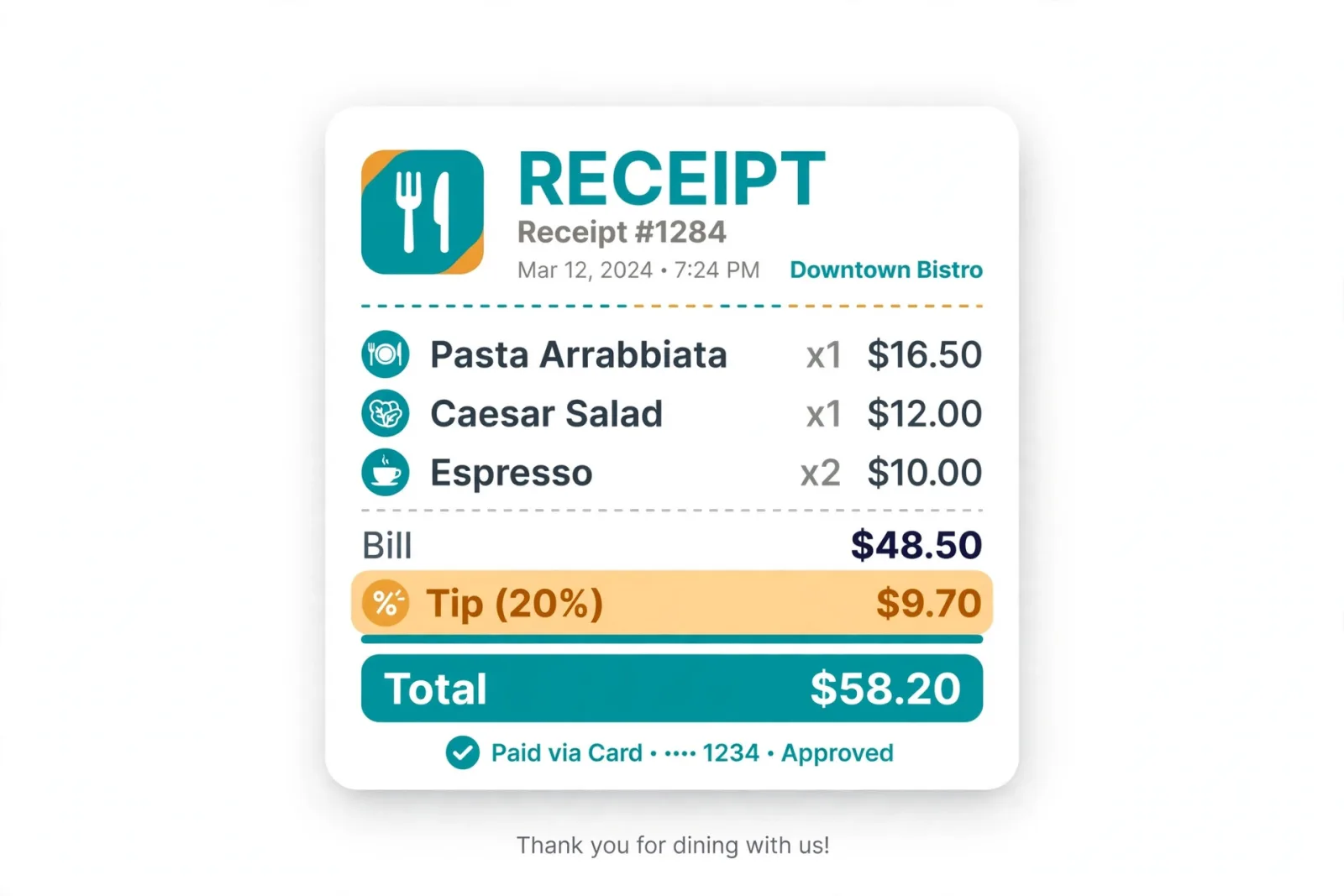 «Illustrazione di una ricevuta di ristorante che mostra una mancia del 20 per cento da 9,70 dollari su un conto da 48,50 dollari»