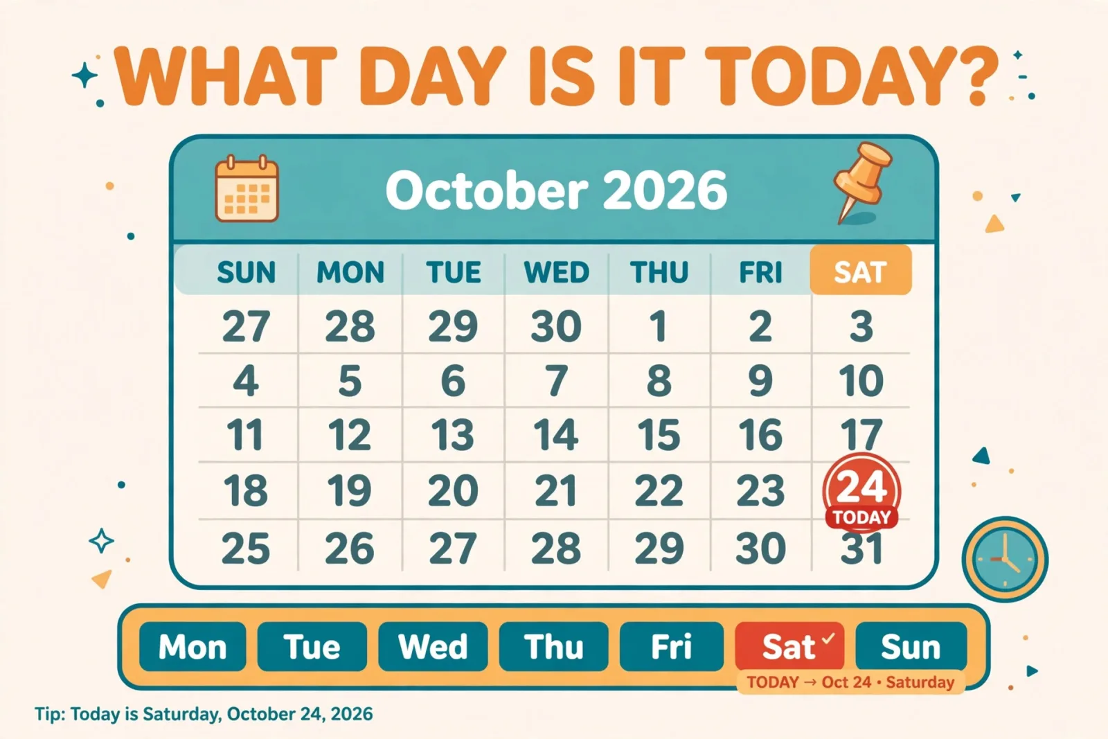 Flat illustration of a wall calendar with the date circled in red and a large "TODAY" badge, surrounded by weekday labels, on a teal background.